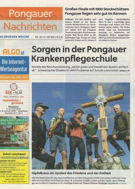Bericht über das neue Kreuz am Draugstein - Heute auf der Titelseite der Pongauer Nachrichten