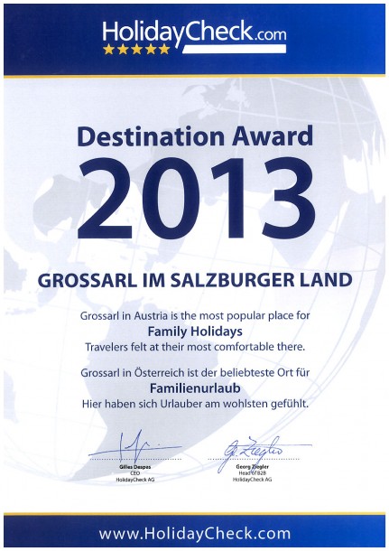 Urkunde des Holiday Check Destination Award 2013 für Großarl