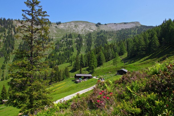 Die Karseggalm, darüber die "Gabel" (Kitzstein) mit 2 Bergrücken