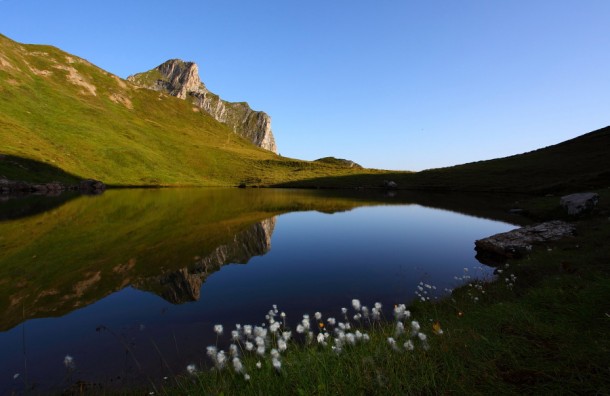 Schuhflickersee im Morgenlicht mit Wollgras