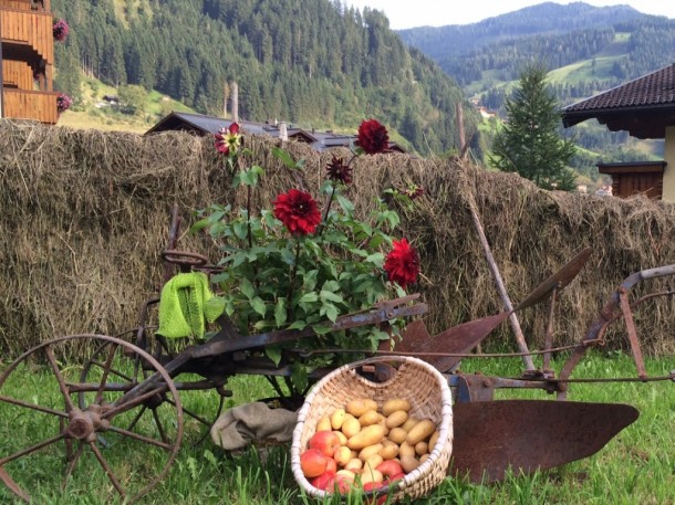 Schwedenreiter als Bauernherbstdekoration vorm Hotel Nesslerhof