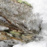 Eiskristalle auf mit Flechten bewachsenem Stein