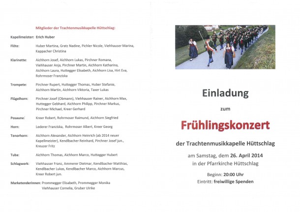 Einladung zum Frühlingskonzert der Trachtenmusikkapelle Hüttschlag