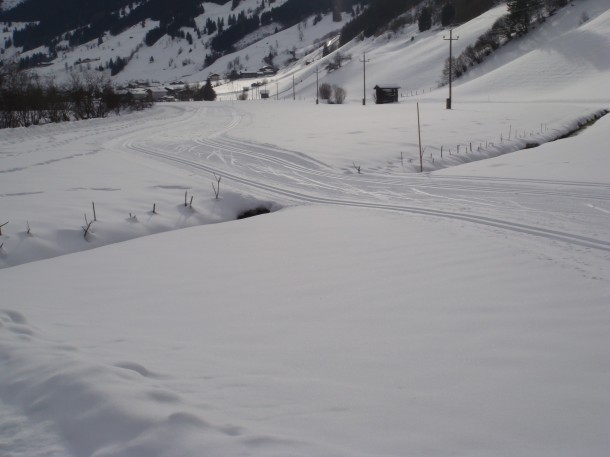 Wie ein Teppich zieht sich die Langlaufloipe durch die Winterlandschaft